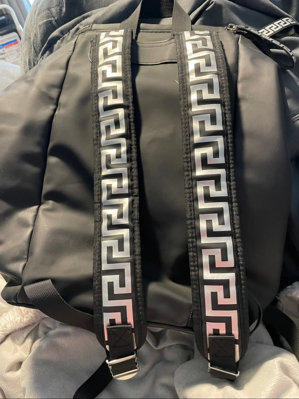 Versace parfums Black Nylon Backpack with Greek Key Zipper Pull - Picture 3 of 5